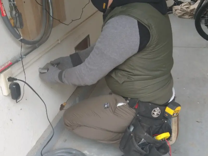 Electrician performing outlet wiring in a North Oaks garage